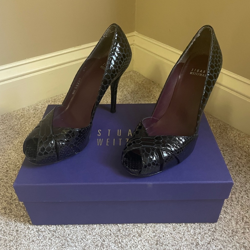 Stuart Weitzman Black Crystal Snake skin heels